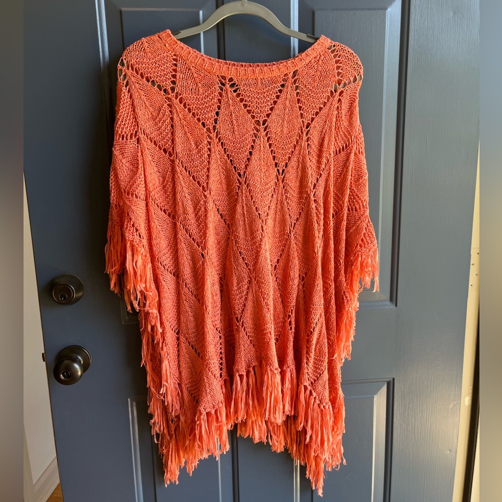 Coral Knit Poncho with Fringe